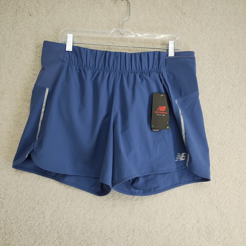 New Balance Shorts L Blue 5in Inseam Running Athletic Zip Pocket Reflective